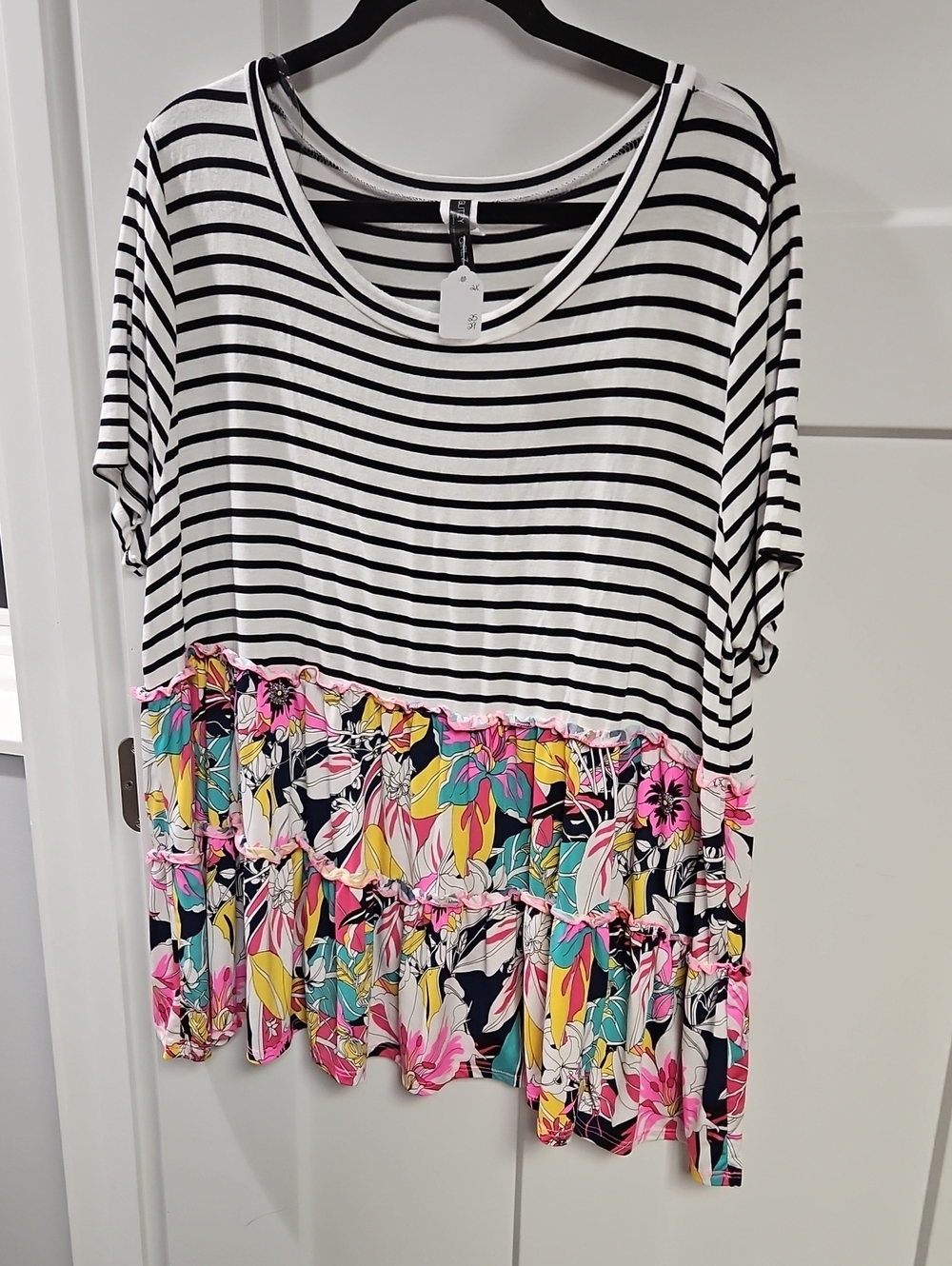 Striped Scoop Neck Tunic with Floral Tier - Black/White & Pink